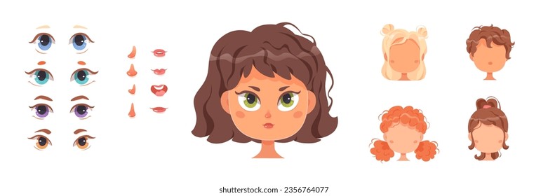 Girls faces constructor set vector illustration. Cartoon isolated female heads templates with different hair colors and hairstyle, eyes, noses and mouths with various shapes and lip expressions.