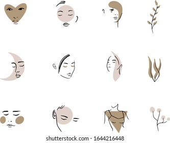 Girls faces drawn in thin lines with pastel colors. Girls faces collection. cute and gentle illustration. line illustration. Fashion vector icons