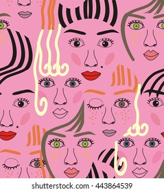 Girls faces with eyes, hairs, noise and lips in pink, orange, blue, yellow, red, gray, and black a seamless pattern on a purple background.