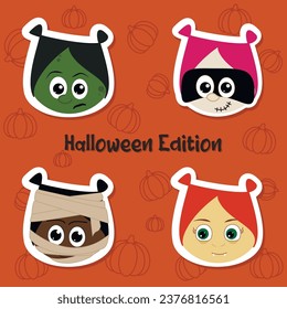 
Girls faces. Halloween edition. Zombie, vampire witch, mummy, Frankenstein 