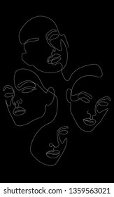 Girls' faces made by continuous line,  white ink on black background