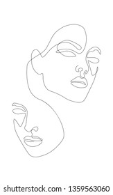 Girls' faces made by continuous line, black ink on white background