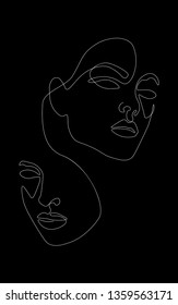 Girls' faces made by continuous line,  white ink on black background