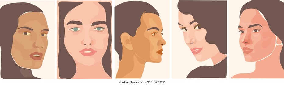 Girls' Faces. Painting. Stylish portrait for fashion lifestyle design. Happy face.