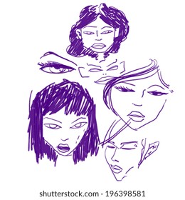 girls faces quick drawing, scribble or doodle style illustration 