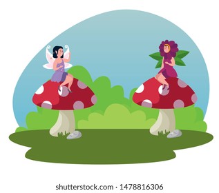 girls fairies sitting in the fungus plant and bushes