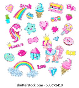 Girls fairy stickers set. Cute cartoon pony princes, sweets and toys flat vector icons isolated on white background. Various decorative elements in pink colors for kids greeting cards