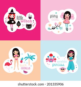 Girls fantasy theme colorful retro bedroom wall poster set princess fairy witch and beach girl kids design in vector