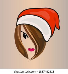 A girl's fase in the a coffee bean with eyes, lips and a lock of hair. Lady grain in santa claus hat. Vector abstract design.