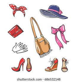 Girls fashion accessories isolated on white background. Vector colorful cartoon shoes, hat, bags