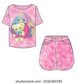 girls fashion clothes design. tshirt and denim shorts design. anime pattern design, fabric pattern design. fashion and more