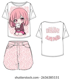 girls fashion clothes design. tshirt and denim shorts design. anime pattern design, fabric pattern design. fashion and more