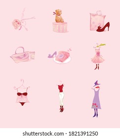 Girls fashion colorful icons set illustration