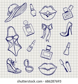 Girls fashion elements set on notebook. Vector ballpoint sketch of fashion details