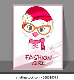 Girls fashion flyer, banner or template with cute kiddish cat.