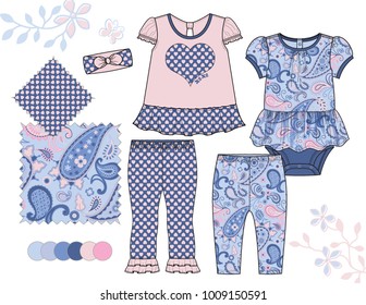 Girls' fashion Illustration with Coordinated patterns / Two seamless patterns saved in Pattern Swatch for textile or paper product / Isolated vector flat sketches and design elements in separate layer