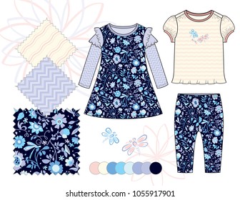 Girls' fashion Illustration with Coordinated patterns / Three seamless patterns saved in Swatches Panel / Isolated vector flat sketches and design elements in separate layers