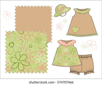 Girls' Fashion Illustration With Fabric Swatches / Two Patterns Saved In Pattern Swatch For Textile And Paper Product / Isolated Vector Flat Sketches And Design Elements In Separate Layers