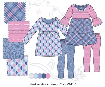 Girls' fashion Illustration with repeat patterns / Four seamless patterns saved in Pattern Swatch for textile and paper product / Isolated vector flat sketches and design elements in separate layers