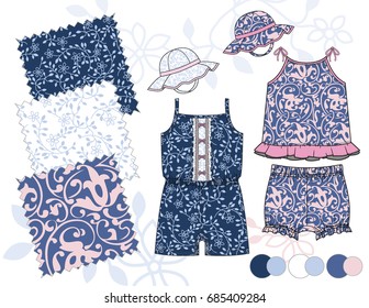 Girls' fashion Illustration with seamless patterns / Three seamless patterns saved in Pattern Swatch for textile and paper product /Isolated vector flat sketches and design elements in separate layers