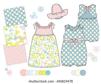 Girls' fashion Illustration with seamless patterns / Three seamless patterns saved in Pattern Swatch for textile and paper product /Isolated vector flat sketches and design elements in separate layers