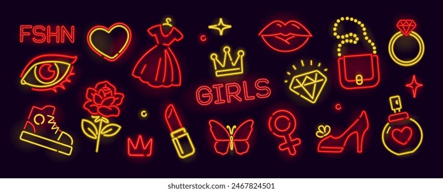 Girls fashion neon icons and signs of women's handbag, parfum, lady's slipper, queen crown, dress, pink lipstick. Lady's accessories and women's jewelry icons - vector template