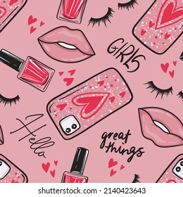 Girls fashion pattern. Hand drawn girlish pink background with lipstick, eyelashes, lips, nail polish, for textile, fabric, fashion wear, kids graphic, wrapping paper and more