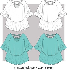 Girls fashion ruffles with criss cross neck top flat sketch