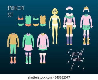 Girls fashion set . Cute dress up doll . Autumn - winter  season .