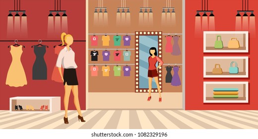 Girls in a fashion shop. Shopping. The purchasing of goods from stores. Buying clothes

