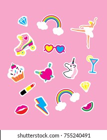 Girls fashion stickers or patches set of the roller blade, unicorn, cake, lipstick, diamond, lips. Suitable for pattern. Vector