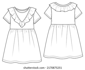 Girls Fashion Technical Flat Drawing Ruffle Knit Dress