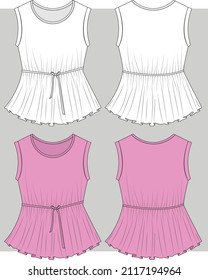 Girls Fashion Top with waist rope belt flat sketch