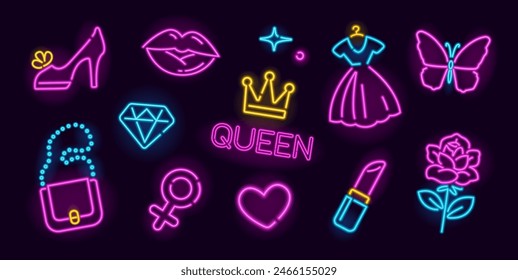 Iconos y señales de neón de Vector de moda para niñas. Iconos de neón de moda femenina de bolso de mujer, flor de rosa, zapatilla de mujer, corona de reina, vestido, lápiz labial rosa. Iconos de accesorios y cosas de dama