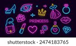 Girls fashion vector neon make-up icons and signs. Girly fashion neon icons of parfume, make-up eye, jewelry. Princess crown icon, dress, pink lipstick. Lady