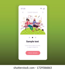 girls feeding flock of pigeons in park women wearing medical masks to prevent coronavirus pandemic covid-19 quarantine concept smartphone screen mobile app full length copy pace vector illustration