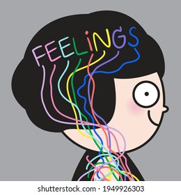 Girl's Feeling In Colorful Word From Head Is Directly Connected To Her Body Concept Card Character illustration