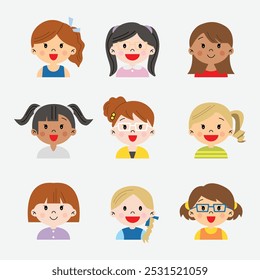 Meninas grupo feminino de crianças multirraciais crianças ilustração fofa simples desenho feliz sorrindo alegre colorida colega de classe bebê infantário avatar em diferentes penteados