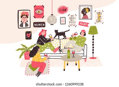Girls or feminists sitting on sofa and floor, drinking wine and talking. Friends spending time together. Group meeting of feminism and body positive activists. Flat cartoon vector illustration