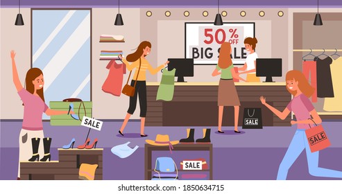 Girls fighting over the clothes. Woman in store arguing during the sale. Black friday concept. Discounts in boutique. Girl is paying for the purchase at the checkout. Woman is buying clothes in store