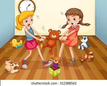 Girls fighting over teddy bear illustration