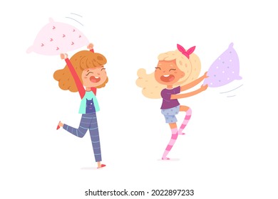 Girls fighting with pillows and having fun. Active leisure for children vector illustration. Little kids playing at home isolated on white background. Entertainment in childhood.