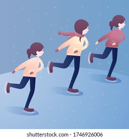 girls figure ice skating illustration in snowy winter night