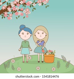 girls with filled basket of flowers cartoon meadow vector illustration
