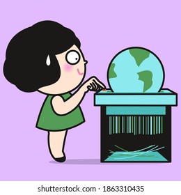 Girl's Finger Pressing A Button On Shredding Machine To Turn The Unwanted Earth Into A Recycle One. Earth Day Concept Card Character illustration