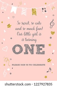 Girl's First Birthday One Year Party Printable Invitation Card