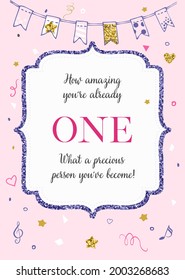 Girl's First Birthday One Year Party Printable Invitation Card