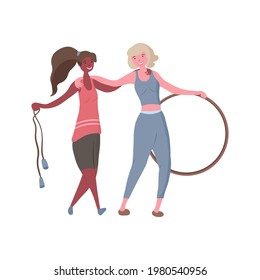 Girls and fitness. Doing exercise with rope and hoop. Smiling happy women. Active life. Vector illustration. Flat style.
