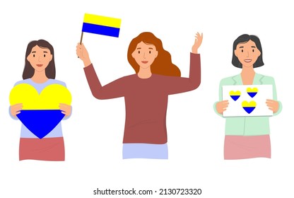 Girls with flags of Ukraine for independence and against the war. Vector graphics. Characters at the demonstration with a poster, a heart in their hands.