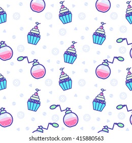 Girls flat seamless pattern with perfume, cupcake and buttons. Background vector illustration.